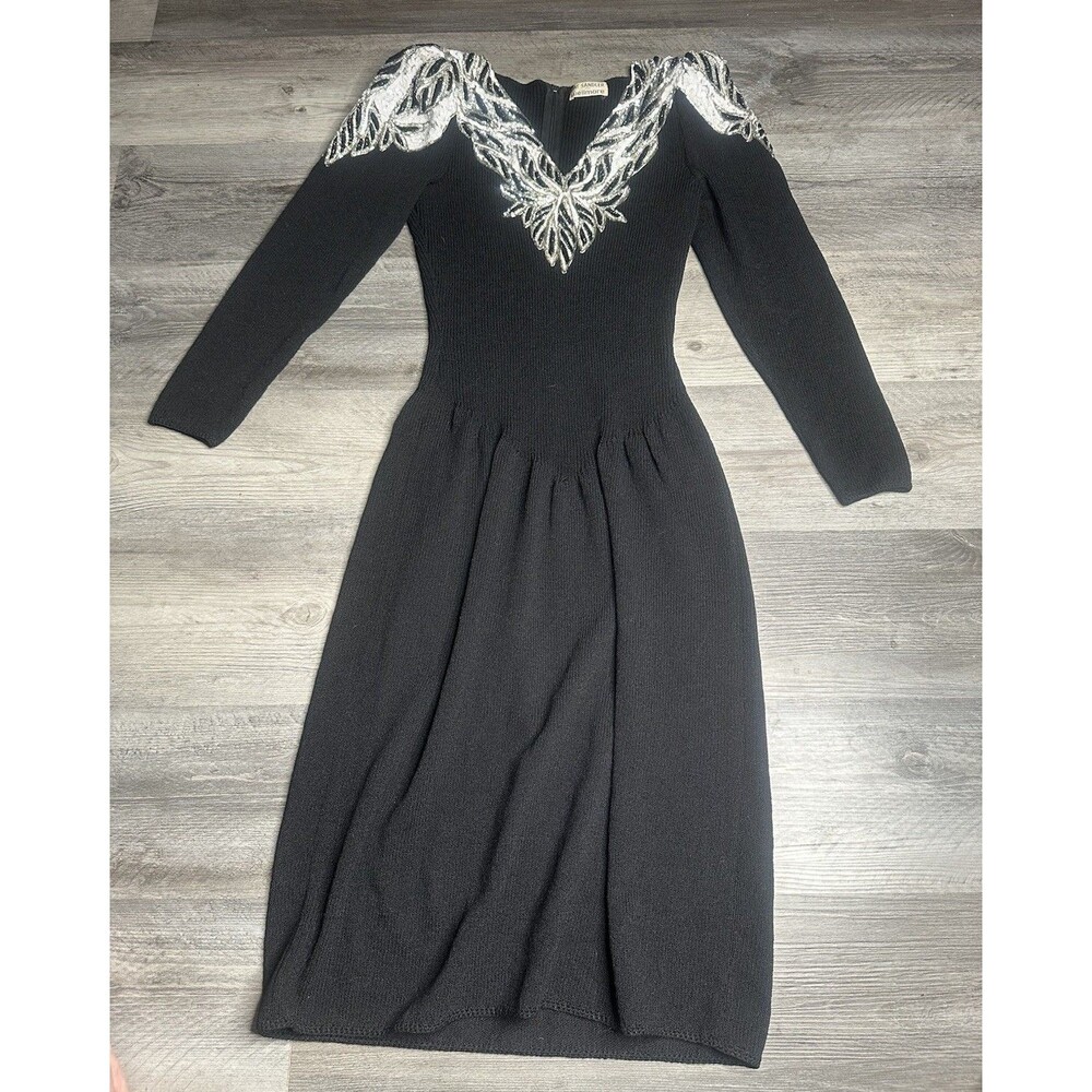 Vtg 80s Pat Sandler Wellmore Black Santana Knit Midi Dress Beaded Sequin XS 2